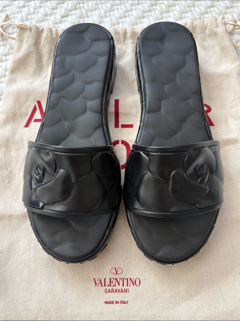 Valentino Black Camellia Slide Sandals 38